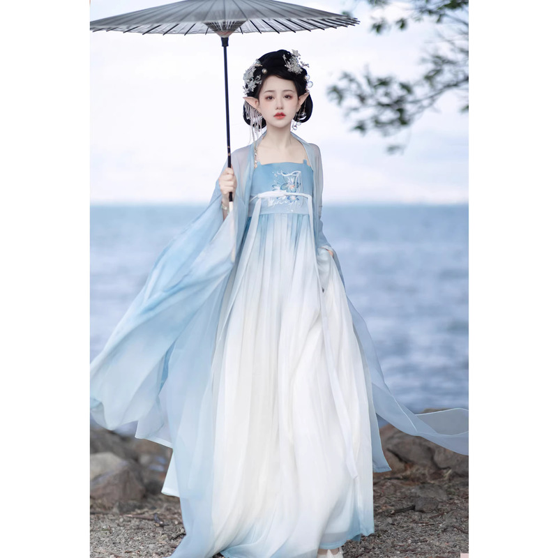 Han Yu Kui Sky Blue Original Hanfu for Women, New Spring/Summer Authentic Double-Layer Embroidered Large Sleeve Shirt, Tang-Style Hezi Skirt