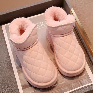2024 Winter New Girls' Snow Boots fleece-lined Thickened Big Cotton Warm Boys' Leather Cotton Boots Mid-Big Children's Ankle Boots