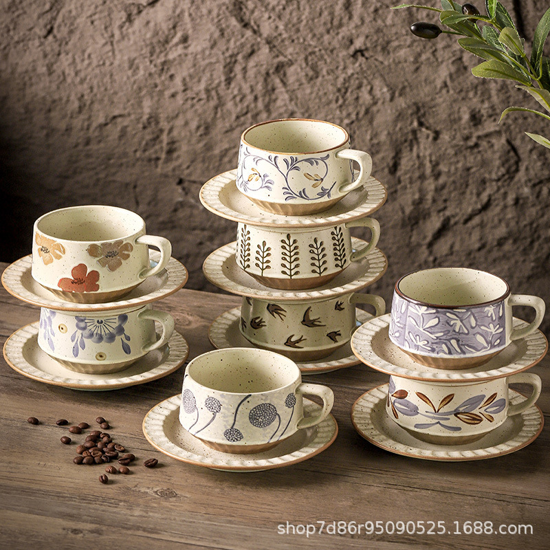 Retro Rustic Pottery Floral Cup and Saucer Set, Light Luxury High-End Niche Design Ceramic Floral Latte Coffee Cup Retro Rustic Pottery Floral Cup and Saucer Set, Light Luxury High-End Niche Design Ceramic Floral Latte Coffee Cup