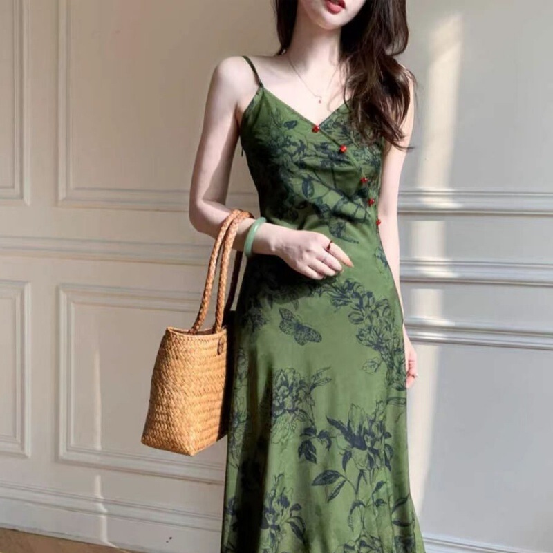 夏季新中式墨绿色高腰无袖吊带裙收腰显瘦遮肚子可爱薄款连衣裙女|undefined