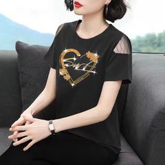 Black short-sleeved T-shirt for women in summer new fashionable and versatile slim and diamonds inlaid with hollowed-out European top