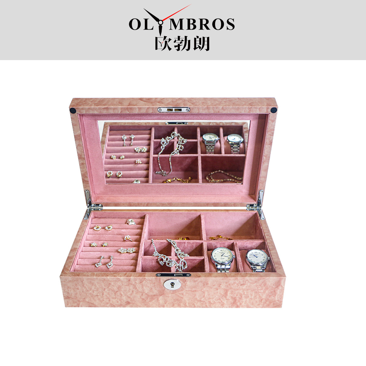 Compartmentalized Jewelry Storage Box Factory Direct Sale in Stock Real Jewelry Wood Grain Velvet Watch Jewelry Box with Mirror