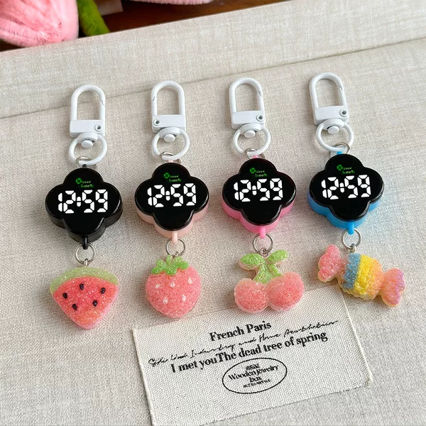 Four-leaf clover cartoon fruit keychain small watch for elementary school students, simple mini backpack accessory, silent electronic watch