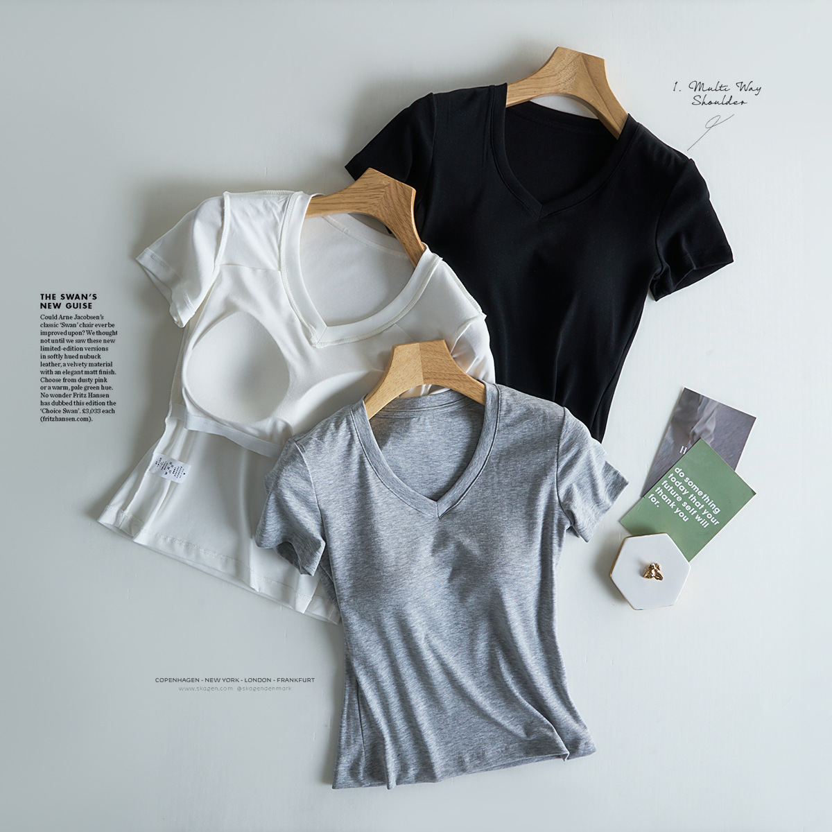 Tensei Lesser Almohadilla para el pecho con cinturón de algodón para mujer Camiseta blanca de manga corta con cuello en V para mujer Verano nuevo top casual de nicho de hombro