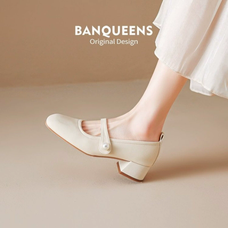 Французские туфли Мэри Джейн из мягкой кожи, женские туфли на среднем каблуке с квадратным носком, толстые каблуки, мягкая подошва, удобные, нежные и удобные вечерние туфли.