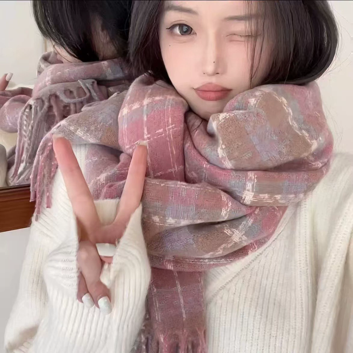 Winter scarf, universal keep warm atmospheric cloak with tassels for elementary school students for beloved, Korean style
