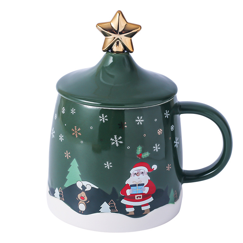 Regalo de Navidad creativa Taza de cerámica taza de dibujos animados nórdico par taza de agua taza de café con tapa cuchara