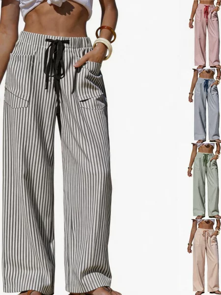 Cross-Border 2026 European and American Women's Summer Striped Pants, Faux Linen, Comfortable Drawstring Pockets, Vacation Beach Casual Long Pants