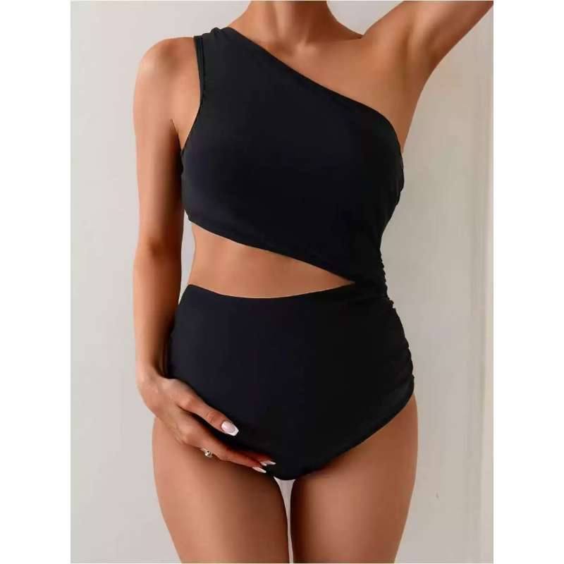 New Maternity Swimsuit, Feminine One-Shoulder Backless Solid Color Loose Slimming Foreign Trade Cross-Border One-Piece Swimsuit for Women