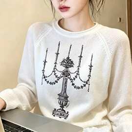 重工刺绣软糯毛衣白色长袖针织衫女早秋圆领套头百搭显瘦简约上衣