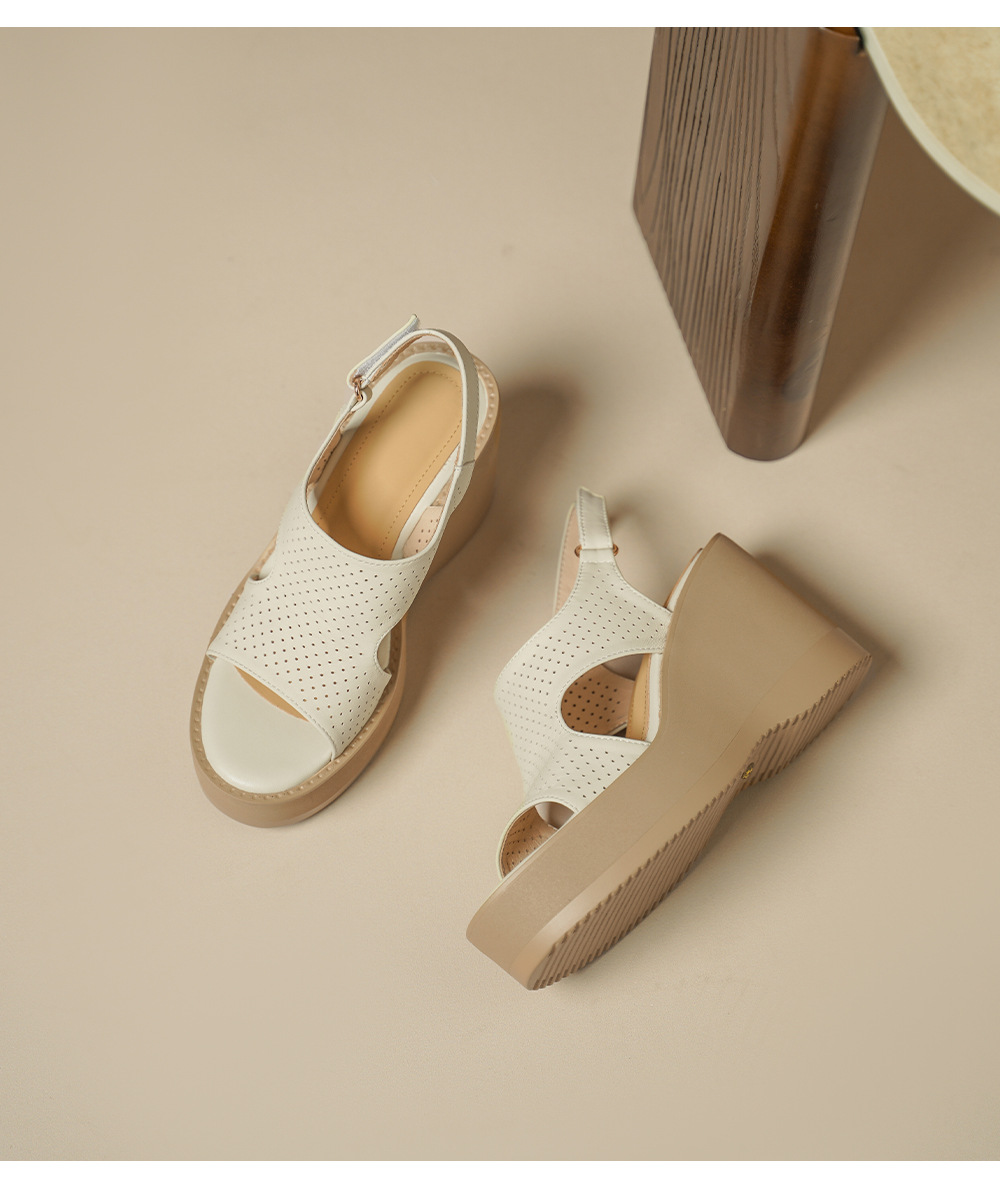 Sandal cao gót nữ hở mũi đế xuồng da cừu đục lỗ — màu trắng ngà chi tiết 14