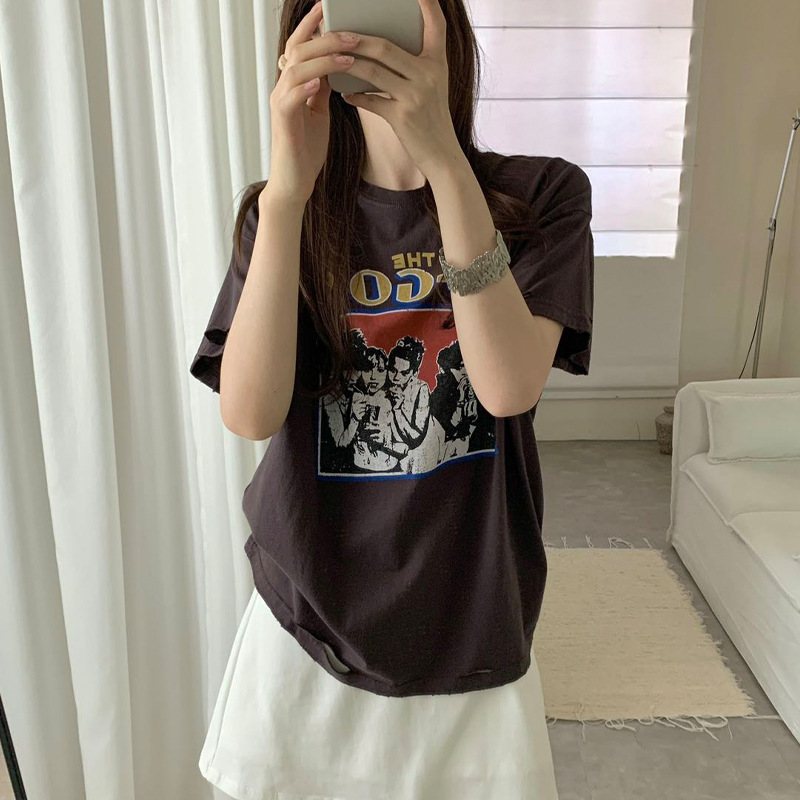 Women's Band Washed Distressed T-Shirt 26 Summer Fw Loose Casual Niche Round Neck Printed Cotton Short-Sleeve Top