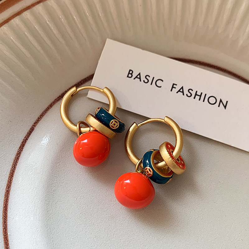 Vintage Enamel Persimmon Ruyi Earrings Women's Niche High-end Personality New Chinese Ear Buckle Multi-style Earrings