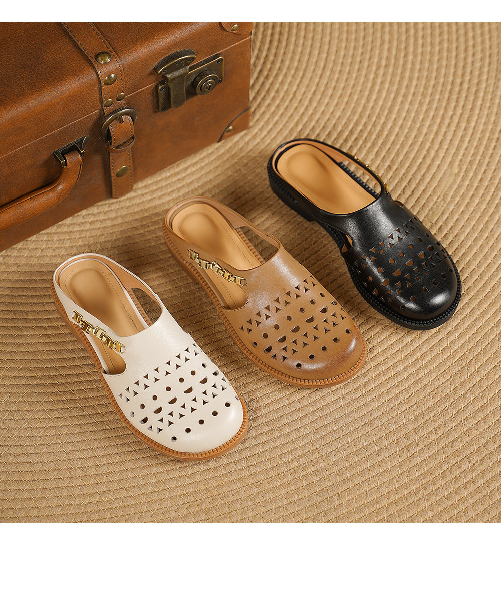 Dép sandal nữ da bò mũi trùm đế bệt kiểu lỗ thoáng khí — đen chi tiết 13