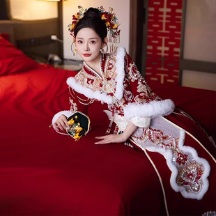 Luxurious Fur Collar Xiuhe Dress for Brides, 2025 New Slim-Fit Chinese Wedding Dress, Dragon and Phoenix Gown, Original Xiuhe Kimono