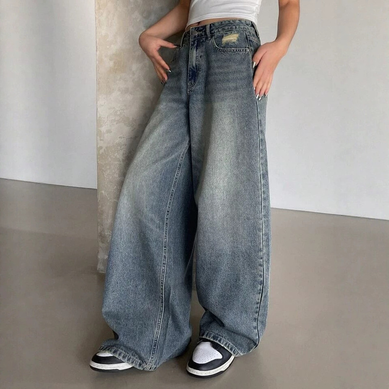 American-Style Ins High Street Retro Washed Blue Straight-Leg Pants, Extra-Long Floor-Length, Plus-Size Loose Casual Jeans for Women American-Style Ins High Street Retro Washed Blue Straight-Leg Pants, Extra-Long Floor-Length, Plus-Size Loose Casual Jeans for Women