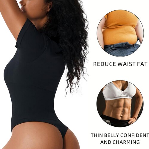Cross-border lady round neck short sleeve one-piece tight bodysuit basic T-shirt top G-string panty full-body shaping buttock-lifting