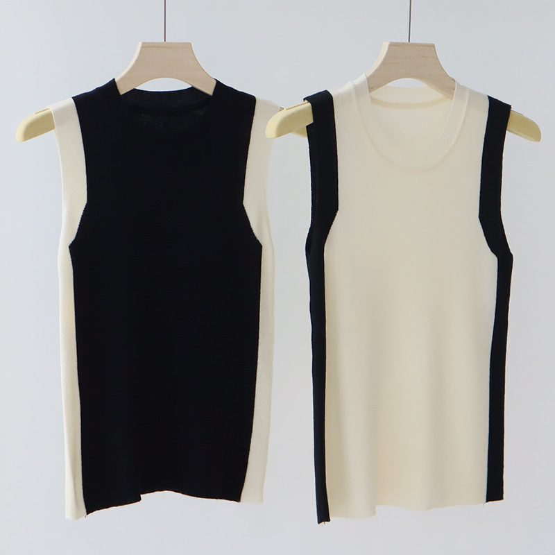 Japanese Style Color Matching Craft Wool Blbottomed Round Neck Sleeveless Early Spring Knitwear Vest Women's Work Clothing Elegant Bottoming Shirt