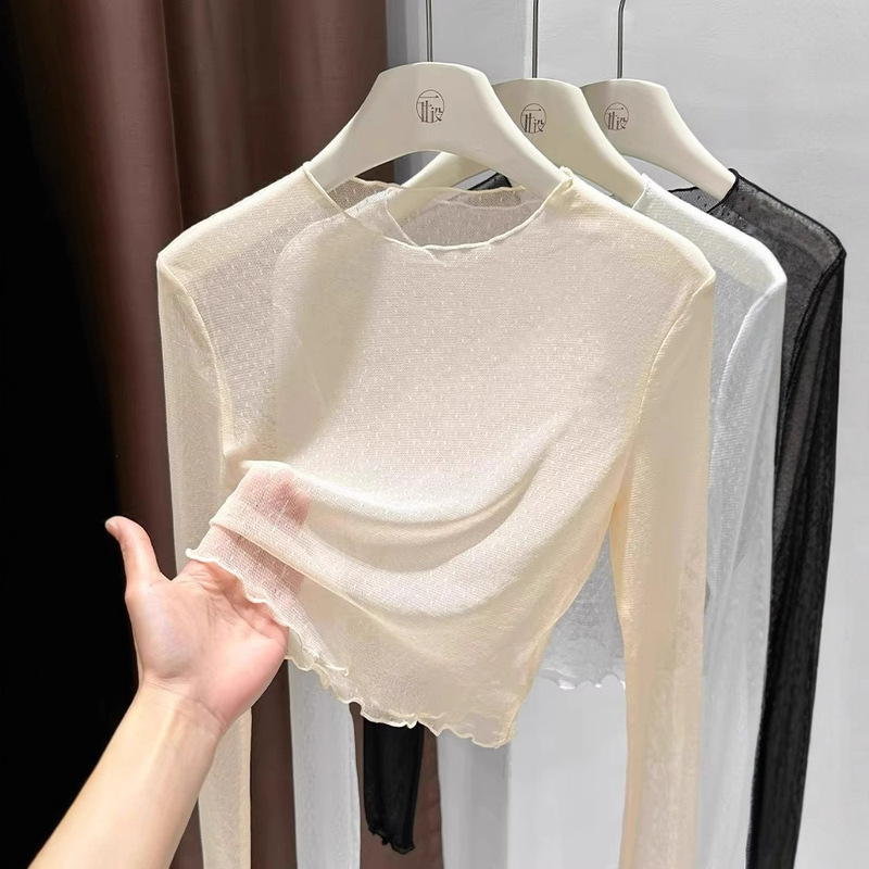 Cream Apricot Lace Bottoming Shirt, Tulle Round Neck, Sun Protection Long-Sleeved Suspender Skirt, and Transparent Mesh Top