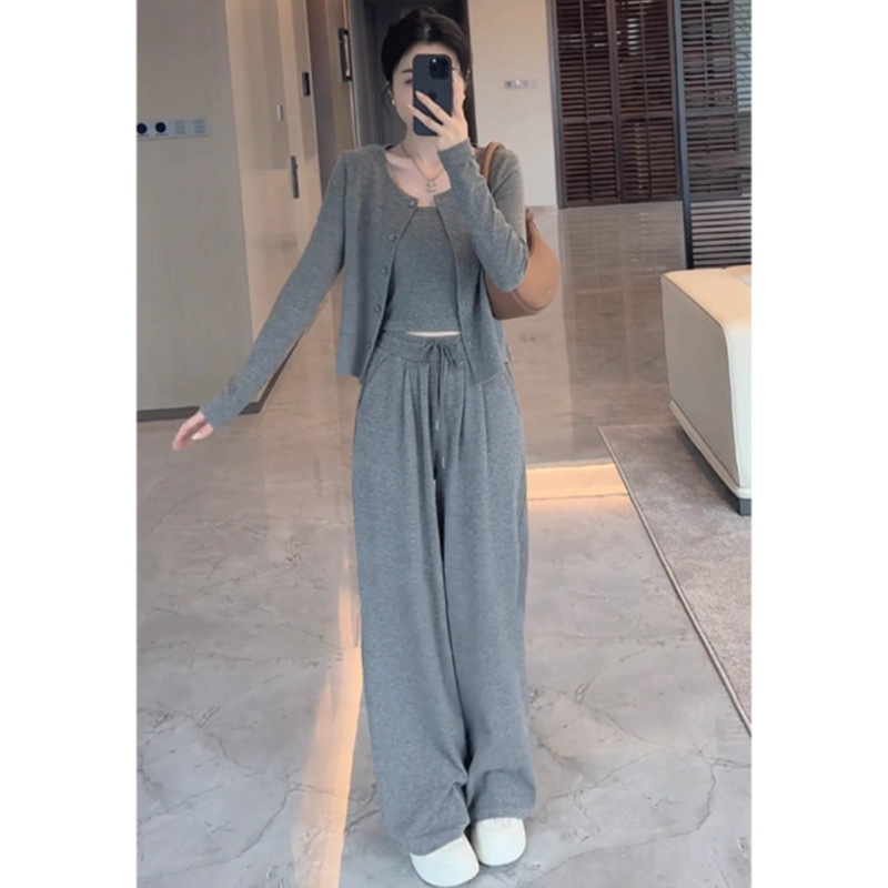 Korean Style Niche Pure Color Lazy Three-Piece Women's Clothing Autum New Fashionable Loose Cardigan Wide-Leg Pants Suit