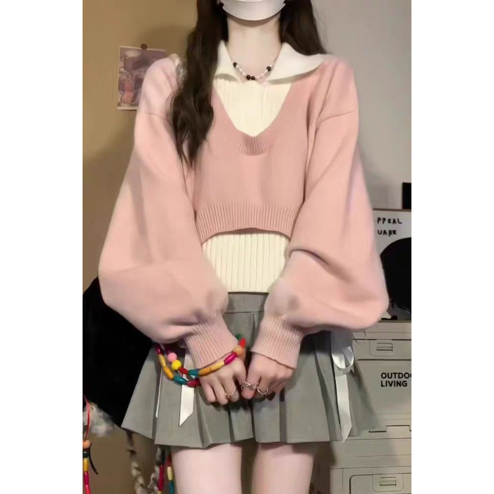 灰色polo领撞色套头设计针织衫女秋冬毛衣背心两件套修身短款上衣|undefined
