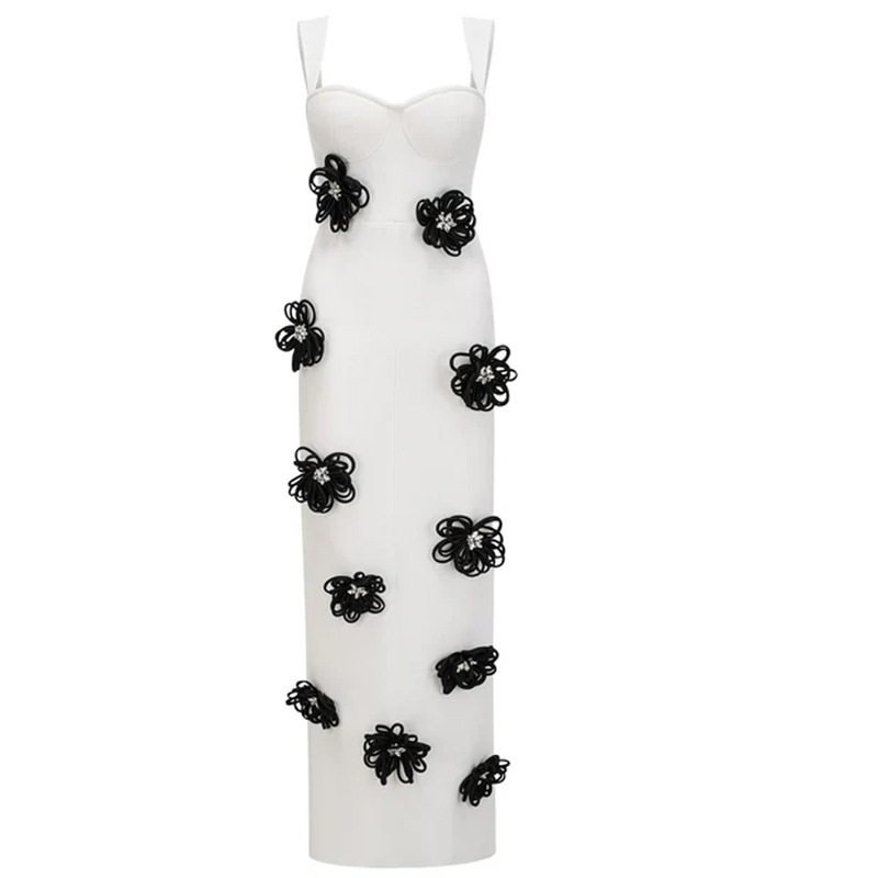 European and American Popular Women's Clothing, Elegant Floral Bandage Skirt, Evening Dress, Women's High-End Party Banquet Suspender Long Skirt