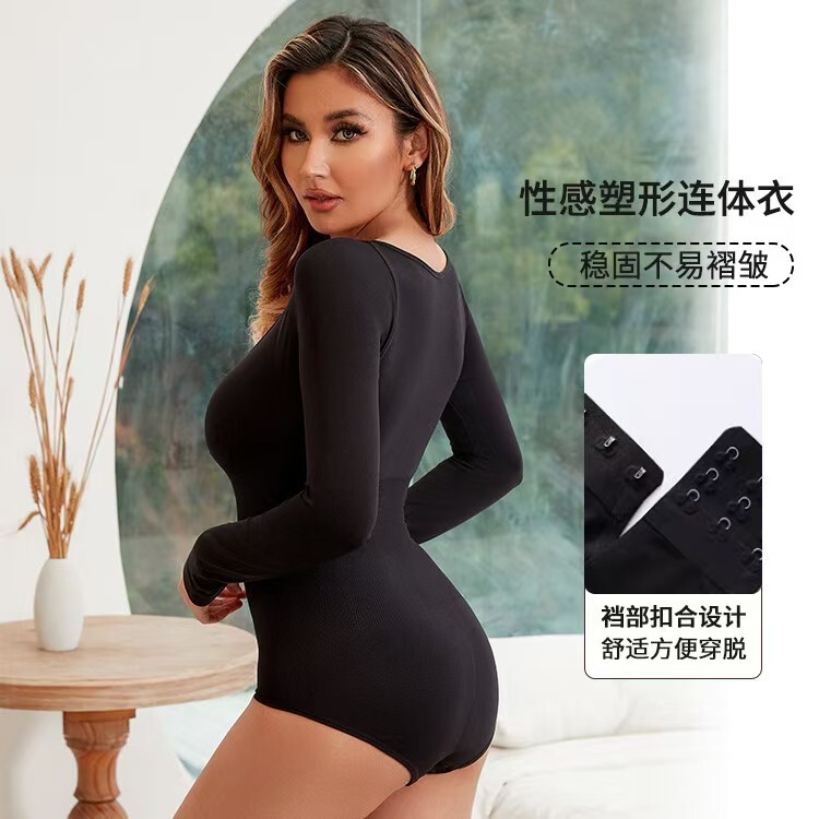 Body-Shaping Jumpsuit Women's Bottoming Inner Shirt Long-Sleeved Triangle Corset One-Piece Intimates European and American Large Size Seamless Top Slim Fit