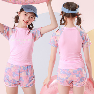 Girls Swimsuit Split Short-Sleeved Korean Style Sports Style Swimsuit for Older Children Cute Girls Hot Spring Swimsuit