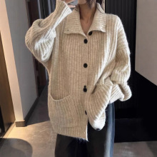 外贸大码慵懒风翻领毛衣女装秋冬新款高级氛围感软糯针织开衫外套