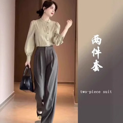 盐系轻熟高级感时尚休闲卡其色衬衫阔腿裤子两件套装职业女装秋季