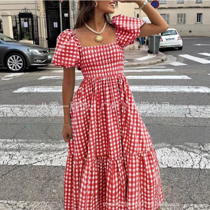 Cross-Border 2026 Bohemian Summer Plaid Square-Neck Puff-Sleeve Ruched Flowy Beach Mid-Length Dress Cross-Border 2026 Bohemian Summer Plaid Square-Neck Puff-Sleeve Ruched Flowy Beach Mid-Length Dress