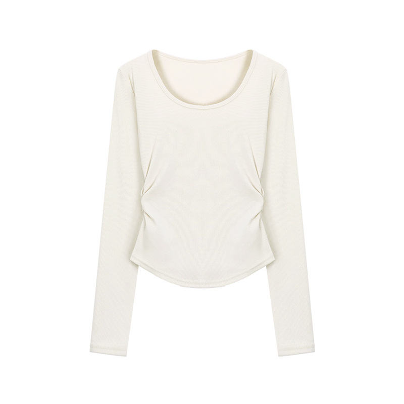 청소년 패션 틈새 주름 슬림 핏 베이스 셔츠 티셔츠 여성 초가을 새로운 디자인 U-칼라 긴팔 풀오버 탑