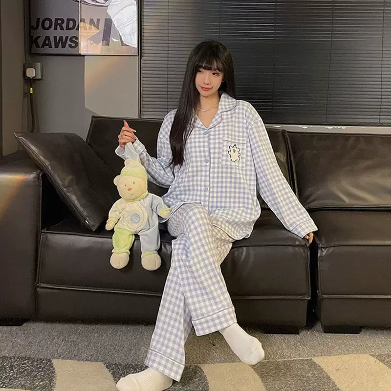 秋冬季ins风线条小狗睡衣女款开衫格子长袖长裤家居服春秋女套装