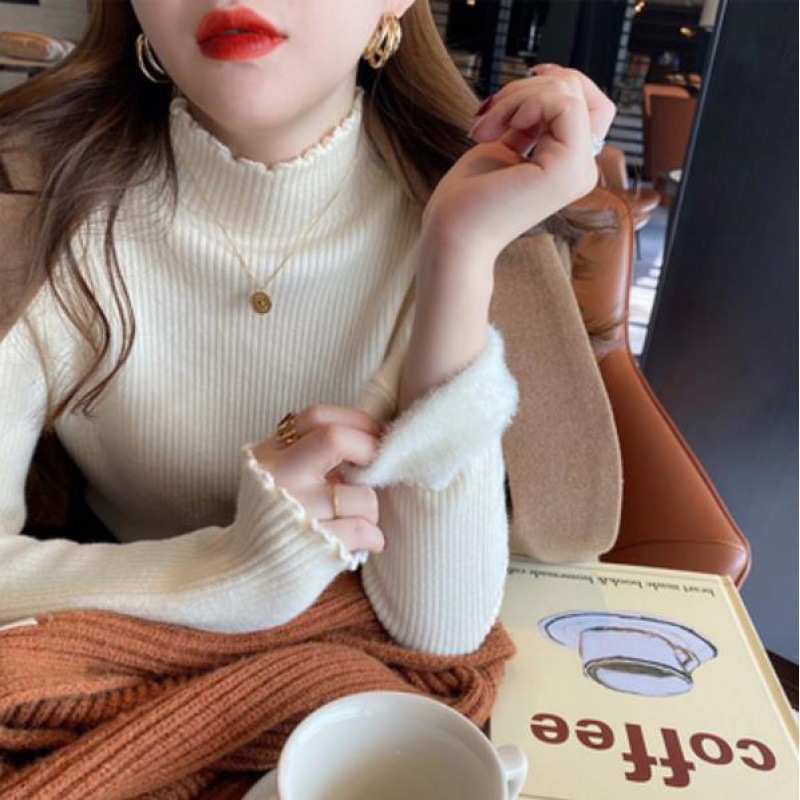 Otoño e invierno nuevo forro polar engrosado de terciopelo de una pieza suéter de mujer medio cuello alto color sólido interior estilo occidental suéter de fondo moda femenina