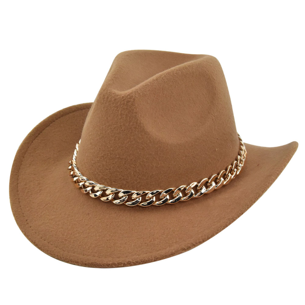 Cowboy jazz gold-plated chain woolen top felt sheep hat, cowboy hat_voghion.com