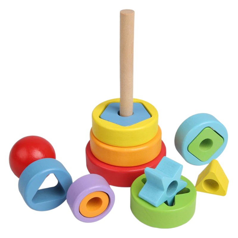 Arco iris jeenga anillo plegable torre plegable columna alta juguetes de madera para niños venta al por mayor tamaño pequeño arco iris torre bloques de construcción