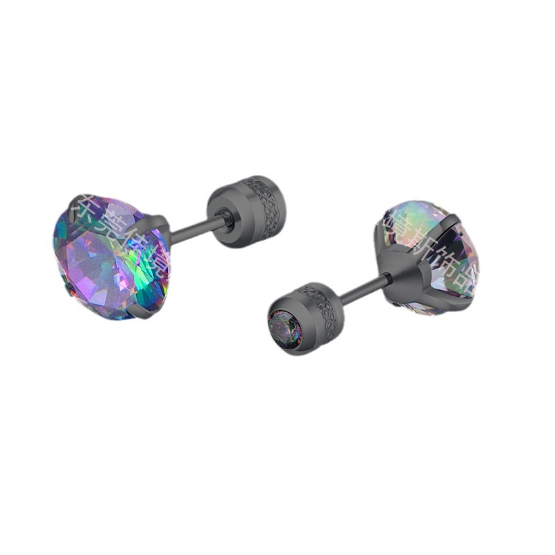 Cross-Border Amazon New Fashion Round Color Double Diamond Zircon Earrings Manufacturer Titanium Steel Electroplated Stainless Steel Earrings