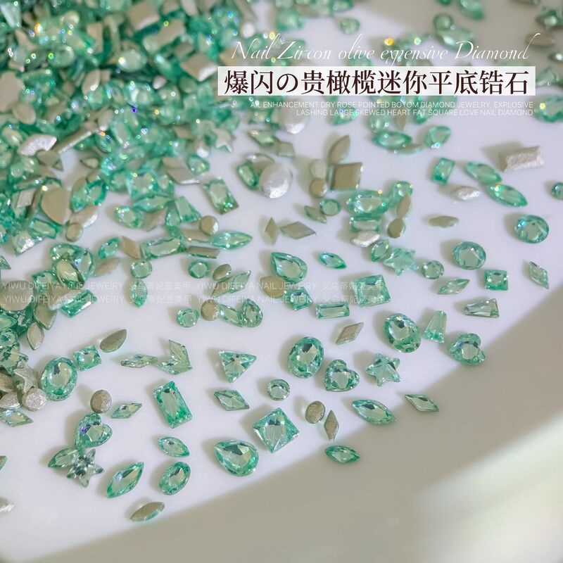 Whitening and Expensive Olive-Colored Flat-Bottomed Zircon Nail Art Diamond Jewelry, Sparkling Light Green Zircon Marquise-Shaped Flat-Bottomed Diamond Nail Jewelry