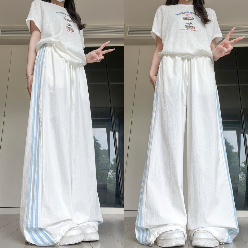 Pear White Three-Stripe Pleated Sports Pants for Women, New Summer Style, Thin, Simple, High-Waisted, Slimming, Quick-Dry, Wide-Leg Casual Pants