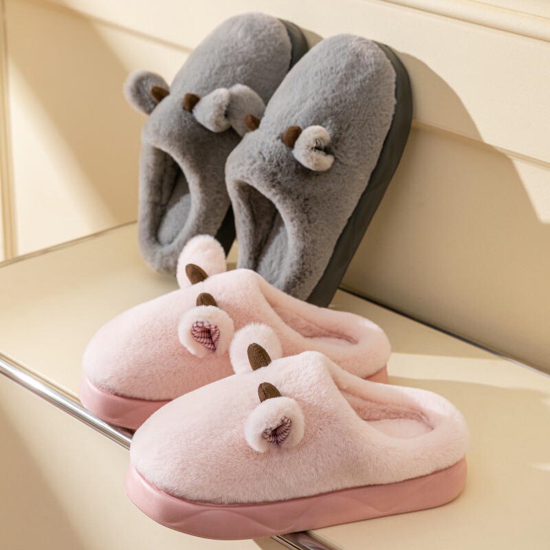 Disheng Winter Cute Little Cow Cotton Slippers Couple Style Solid Color Plaid Cotton Slippers Stuffed Warm Thickened Cotton Shoes