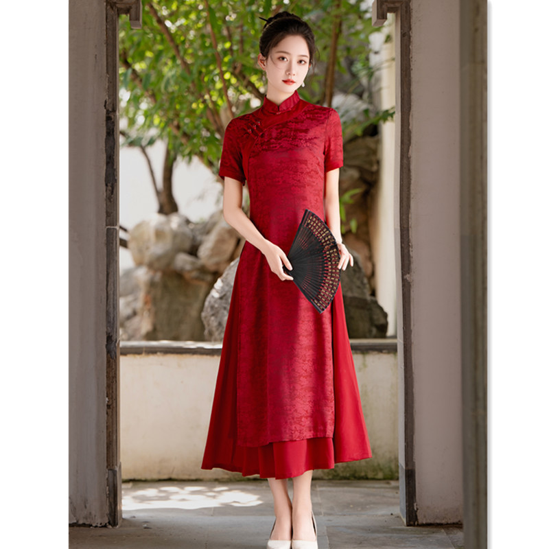 Ethnic-style long-length modified Odette cheongsam dress 2025 spring new retro Chinese style plus-size Odette for middle-aged and elderly women