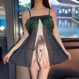 丽黛情趣内衣国潮唐风仕女透视裙性感古风渐变雪纺免脱吊带裙