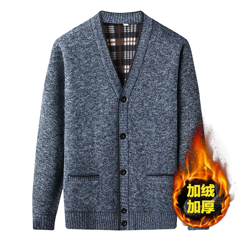 [Утолщение на флисовой подкладке] Новый зимний мужской свитер на флисовой подкладке среднего возраста, вязаный кардиган на пуговицах, пальто отца