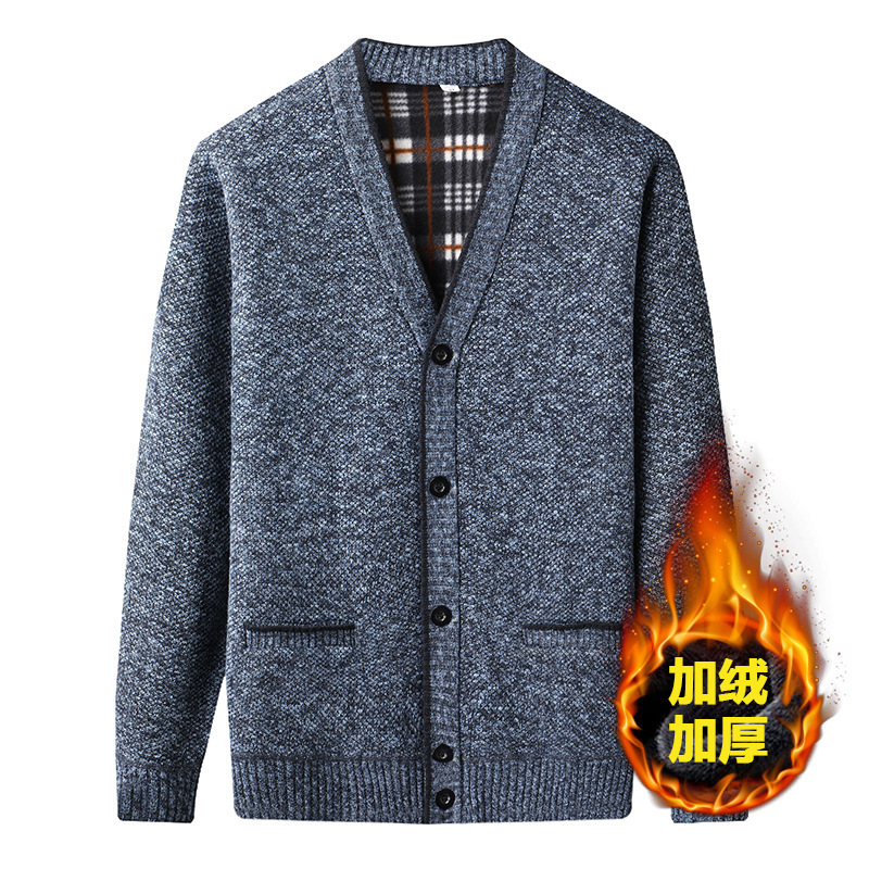 [Fleece and Thickeneding] New Winter Middle-Aged and Elderly Men's Velvet Knitted Button Cardigan Sweater Dad Jacket