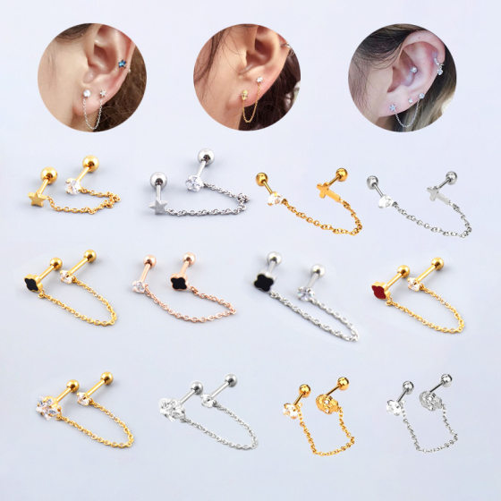 0.8*6mm Stainless Steel Chain Double Ear Studs Skull Ear Studs Five-Pointed Star Zircon Ear Bone Nail Piercing Jewelry