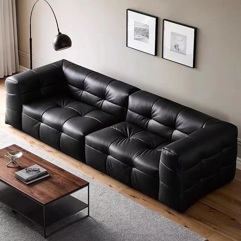 Italian Minimalist Double Black Leather Sofa Small Apartment Living Room Modern Minimalist Straight Cat Claw Leather Sofa Combination