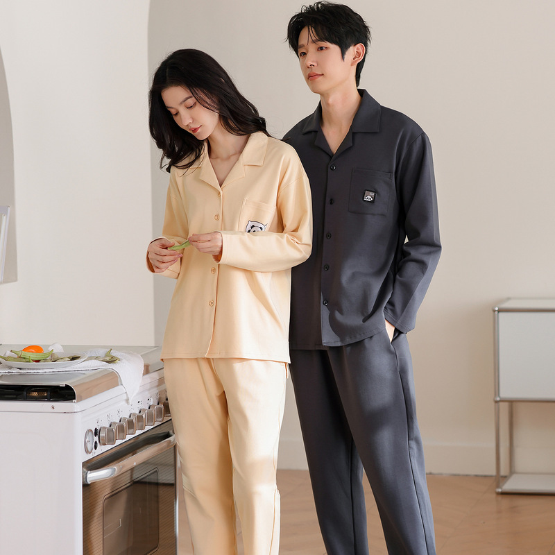 韩式翻领开衫纯棉情侣睡衣秋季长袖长裤时尚休闲青年家居服可外穿|undefined