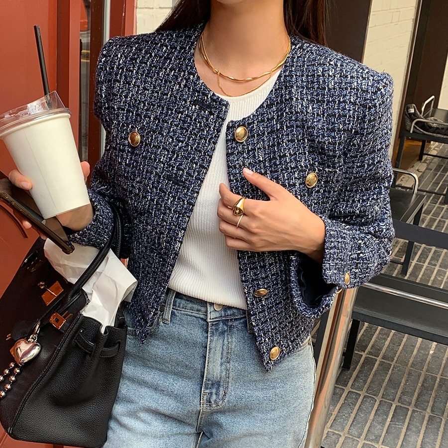 South Korea's Dongdaemun Autum French Style Gold Buckle Mixed Color Tweed Short Outwear Small Fragrant Style Jacket Short Outwear