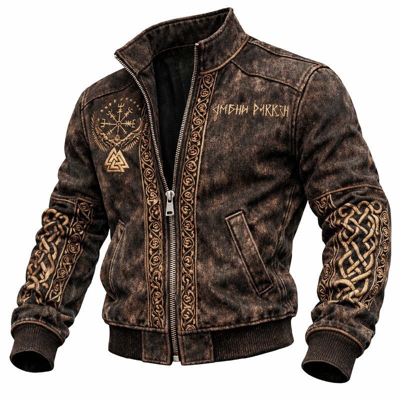 Vintage distressed leather jacket with Nordic text, men's biker jacket with stand-up collar and Celtic knot, cross-border best-selling jacket Vintage distressed leather jacket with Nordic text, men's biker jacket with stand-up collar and Celtic knot, cross-border best-selling jacket