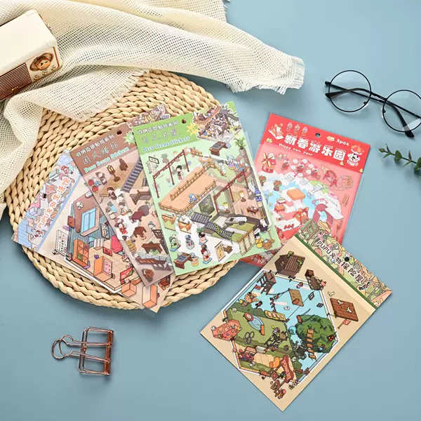 Creative scene-setting stickers in stock, new Chinese-style oversized scene stickers, custom New Year ancient style market 3D scene-setting stickers